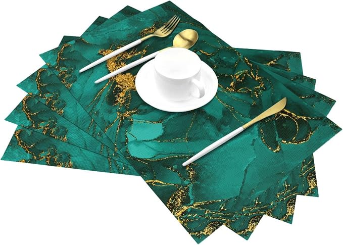 Turquoise Marble Placemats Set of 4, Emerald Dark Green Table Mats | Decorative Place Mats for Kitchen Holiday Party Modern Farmhouse Home Decor 12x18 Inch