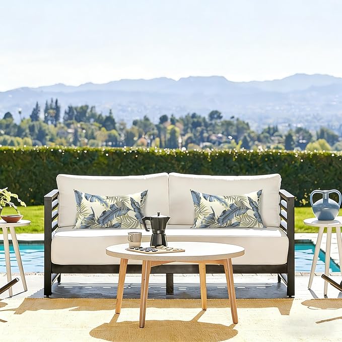 LVTXIII Set of 2 Patio Lumbar Pillow Covers ONLY, 12" x 20" Fade Resistant Outdoor Lumbar Pillow Cases, Fluffy Decorative Garden Lumbar Cushions Covers for Home Patio Coach Sofa Use, Lush Palm Blue