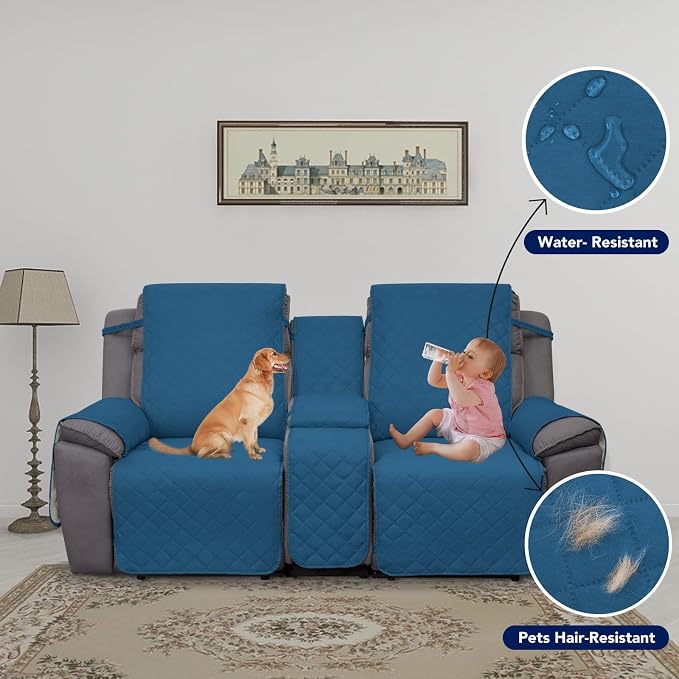 PureFit 2 Seat Recliner Cover for Loveseat, Peacock Blue/Beige, Water Resistant, Reversible, Furniture Protector for Recliner, Sofa, Durable, Machine Washable | Double with Console, Non Slip Split Sofa Cover, Washable Reclining Cover, Peacock Blue/Beige