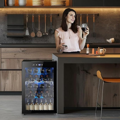 Electactic 37 Bottle Wine Fridge,Freestanding 145 Can Beverage Refrigerator with Smart Temperature Control，4.5 CU FT Quiet Mini Fridge with Child Lock Panel for Family Restaurant Bar, Black