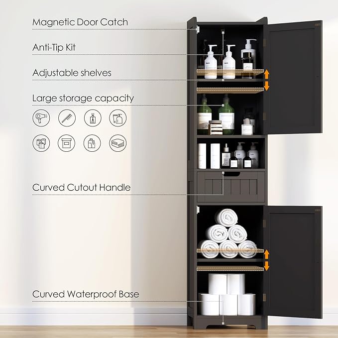 TidyHaven 67" H Tall Bathroom Storage Cabinet, Slim Narrow Organizer with Adjustable Shelves, 2 Doors & 1 Drawer, Freestanding Floor Cabinet for Bathroom, Kitchen, Living Room (Black)