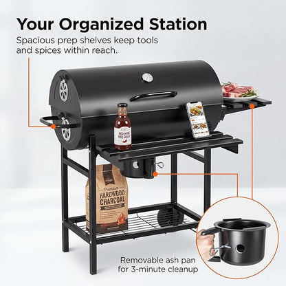 Devoko Barrel Charcoal Grill with Thermometer, Double-Layer Chrome-Plated Iron Baking Pan, Three Item Racks & Ash Catcher, Heavy Duty Outdoor BBQ Grill for Camping Backyard Patio