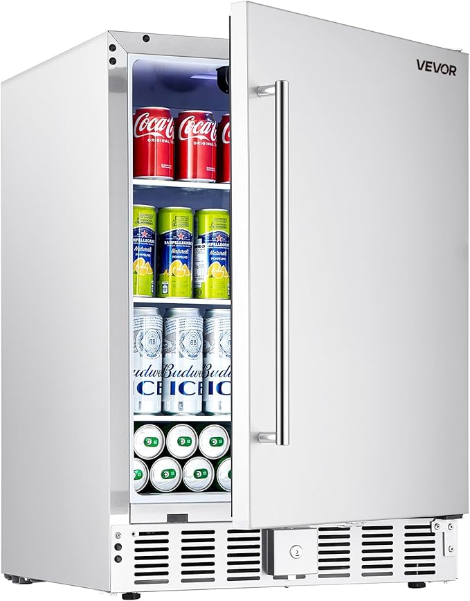 VEVOR 24-Inch Indoor/Outdoor Beverage Refrigerator, 150 QT Freestanding or Undercounter Beverage Fridge, 180 Cans Built-in Beer Fridge with Stainless Steel Body for Residential Home Bar Commercial Use