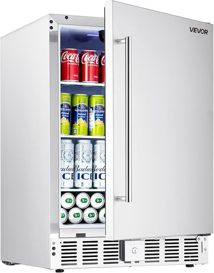 VEVOR 24-Inch Indoor/Outdoor Beverage Refrigerator, 150 QT Freestanding or Undercounter Beverage Fridge, 180 Cans Built-in Beer Fridge with Stainless Steel Body for Residential Home Bar Commercial Use