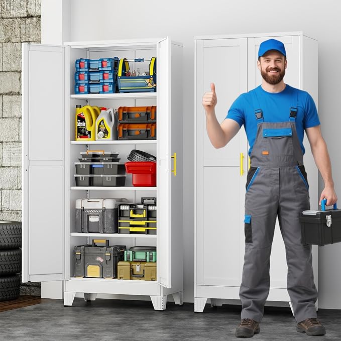 71" Metal Garage Storage Cabinet with 2 Doors and 4 Adjustable Shelves,Metal Storage Cabinets,Steel Tool Cabinets for Home,Office,Garage,Warehouse (White, 71''H x 29''W x 14''D)