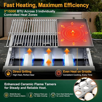 26 Inch BBQ Head Griddle Grill Combo for Barbecue Island, Liquid Propane Bulit-in Grills for Outdoor Kitchen,3 * 15,000 BTU， 3-Burner, Premium 304 Stainless Steel, Convertible to Natural Gas