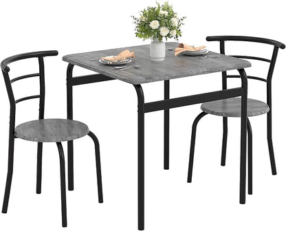VECELO 3-Piece Dining Table Set for Kitchen Breakfast Nook, Wood Grain Square Tabletop and Metal Frame, for Small Spaces, Grey