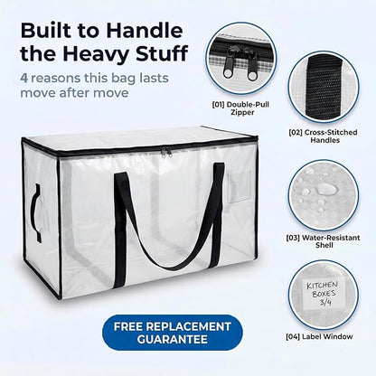 ClearSpace Oversized Moving Bags or Storage Bag – Large Moving Boxes with Backpack Straps, Zippers & Handles – Heavy-Duty Packing Bags for Moving, College Dorm, Christmas Decorations, 8 Pack.