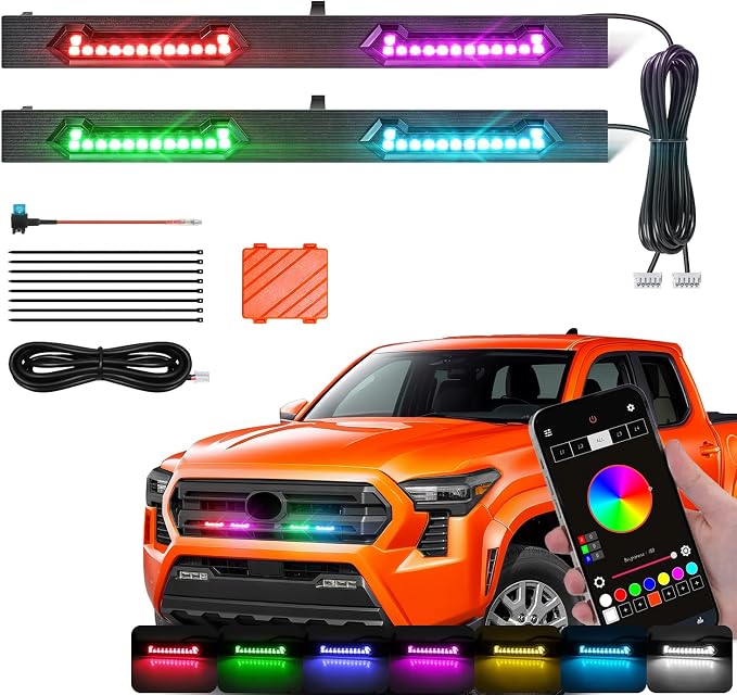 LED Grill Lights - 4PCS Front Grill Lights for Toyota Tacoma SR SR5 2024 2025 2026 with Fuse Adapter & Harness (RGB Light with Smoked Shell)