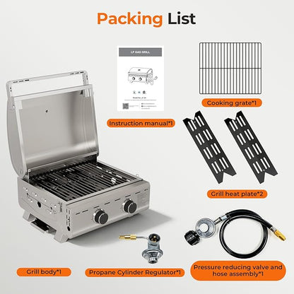 Electactic 16,000 BTUs Portable Tabletop Gas Grill, 2-Burner Propane Grill with 251 Sq.in Cooking Area, Stainless Steel BBQ Grill with Foldable Legs, Easy Assemble & Clean for Patio, Camping, Tailgate