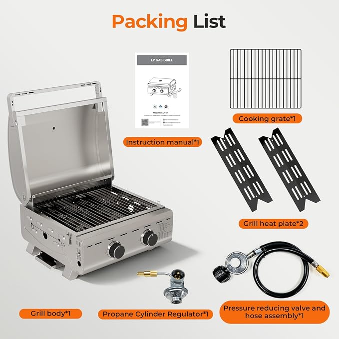 Electactic 20,000 BTUs Portable Tabletop Gas Grill, 2-Burner Propane Grill with 251 Sq.in Cooking Area, Stainless Steel BBQ Grill with Foldable Legs, Easy Assemble & Clean for Outoor