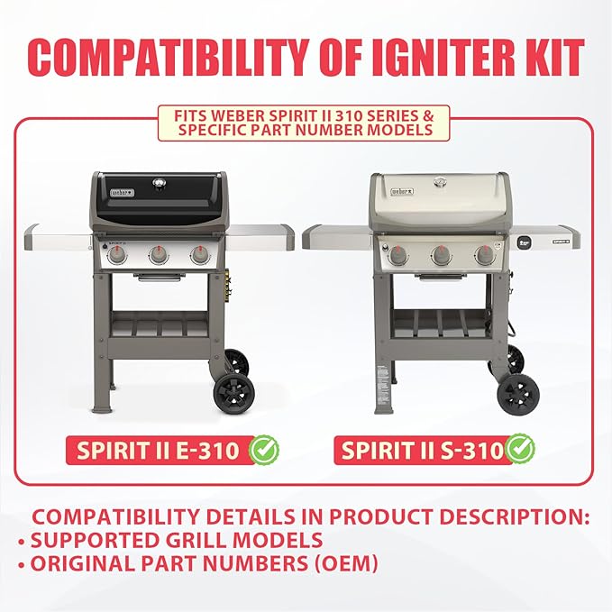 67053 Igniter Kit for Weber Spirit II GS4 310 Series Igniter Replacement Parts, 2-Outlet Ignitor Kit for Weber Spirit II E310, S310 GS4 Parts Accessories, for Weber Spirit 2 310 SER (2017 & newer)