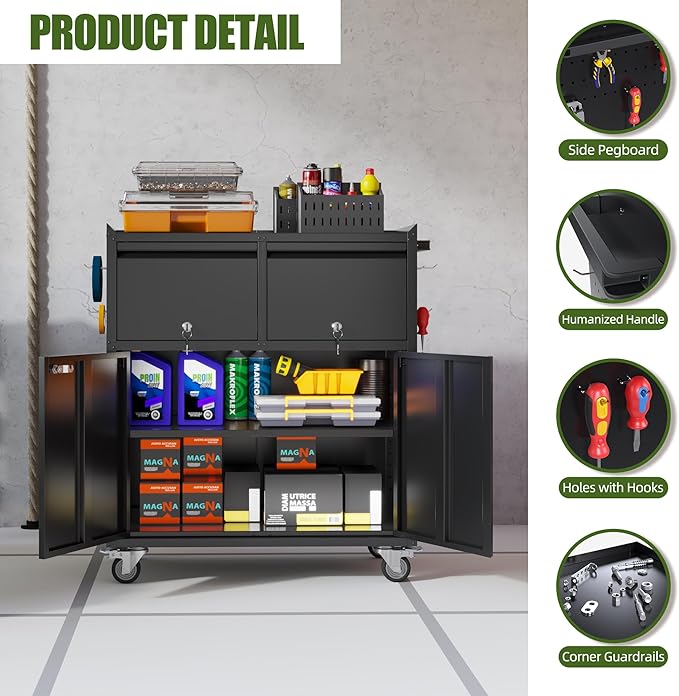 Aobabo Rolling Metal Garage Cabinet, Lockable Storage Cabinet with 2 Drawers, Pegboards, Hooks & Wheels, Heavy Duty Steel Utility Cabinet for Garage, Workshop, Home Office, Black, Assembly Required