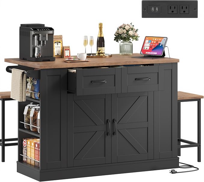 Kitchen Storage Island with 2 Stools, 51” Mobile Kitchen Cart with Drop Leaf & Power Outlet, Rolling Island Table Dining Room Buffet with 2 Drawers & Side Storage Rack &Towel Rack, Black