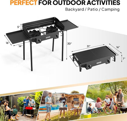 ROVSUN 2 Burner Gas Stove with Side Shelves, 150,000 BTU Portable Propane Stove with Removable Legs, Wind Panels & Regulator for Camping Home Backyard Cooking Brewing Canning Turkey Frying