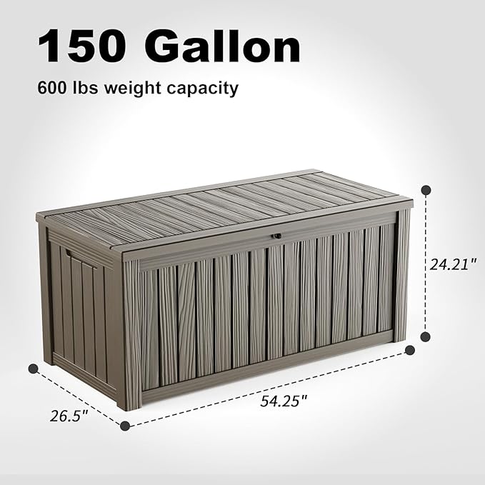 ROJIK 150 Gallon Deck Box Outdoor, Waterproof Outdoor Storage Boxes with Lids, Outside Resin Lockable Storage Box for Patio Cushions, Garden Tools(Grey)