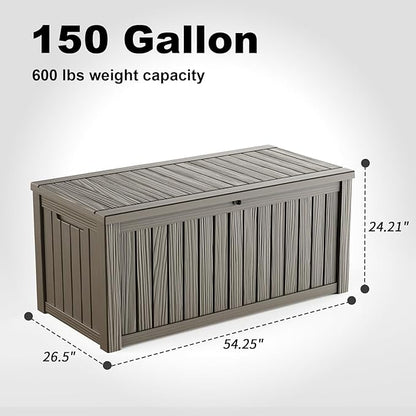 ROJIK 150 Gallon Deck Box Outdoor, Waterproof Outdoor Storage Boxes with Lids, Outside Resin Lockable Storage Box for Patio Cushions, Garden Tools(Grey)