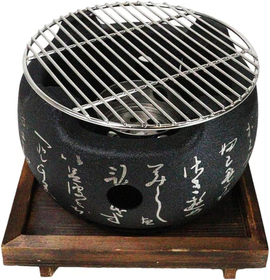 Ebros Gift Japanese Cuisine Tabletop Shichirin Konro Compact Movable Charcoal Grill BBQ Aluminum Cooking Stove With Wire Mesh Grill And Wooden Trivet Base For Yakitori Hibachi Yakiniku