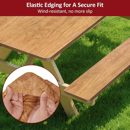 6ft 72in Picnic Table and Bench Cover, 3 Pack, Wood Grain | Drawstring Bag, Waterproof Windproof, Elastic Fitted Edges Tablecloth, for Rectangle Table & Seat, Camping Essentials RV Gear