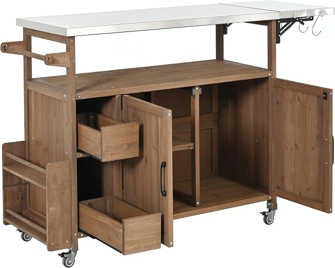 Christopher Knight Home Edsel Outdoor Bar Cart with Stainless Steel Top and Lockable Wheels, Solid Wood Outdoor Storage Cabinet, Kitchen Island Serving Cart for Poolside, Garden, Natural Brown+Silver