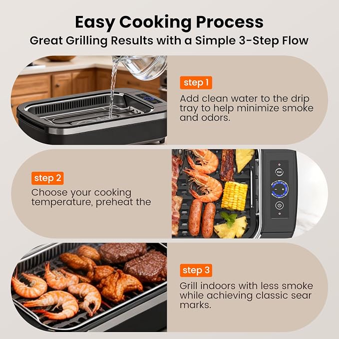 Electactic Indoor Electric Grill & Griddle Combo, Smokeless Nonstick Cooking for Steaks, Burgers, Vegetables and More, Dishwasher-Safe Design