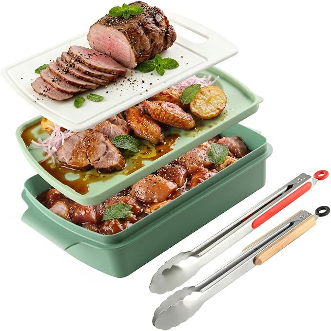 Sunmei Grill Prep and Serving Trays, 3-in-1 Stackable BBQ Food Tray, 5PCS BBQ Serving Set with Marinating Container, Serving Platter, Cutting Board and 2PCS Colored 12-Inch Grill Tongs (Green)