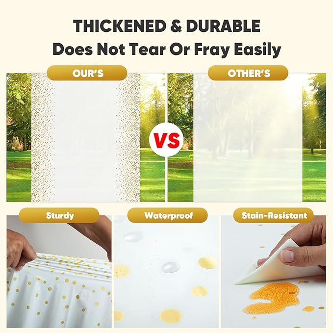 12Pack Plastic Table Cloth Disposable, 54”x108” White and Gold Table Cloths for Parties, Waterproof and Greaseproof Gold Dot Rectangles Tablecloth for Party Decorations BBQ,Wedding,Fine Dining