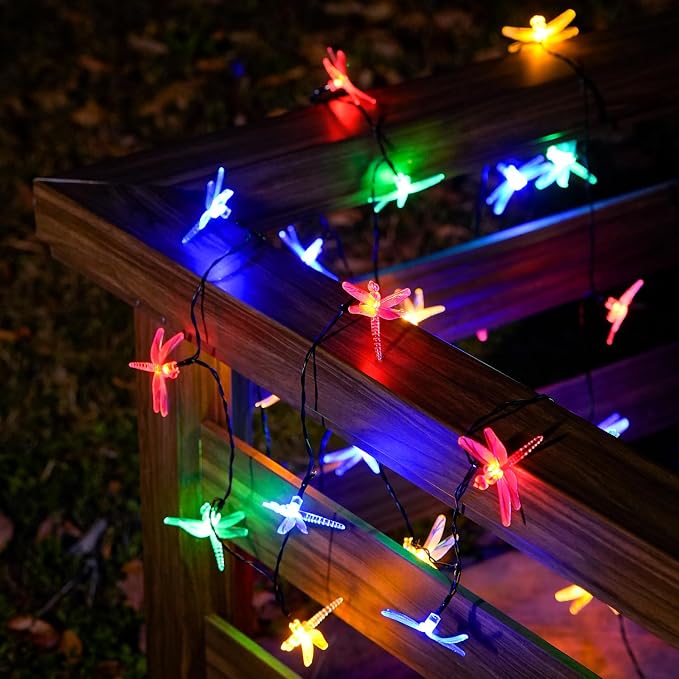 JMEXSUSS Solar String Lights Outdoor, 25.6FT 30 LED, Dragonfly | Outdoor Waterproof, 8 Modes, Multicolor Solar Christmas Lights for Garden Patio Yard Tree Party Christmas Decorations