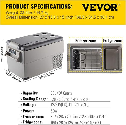 VEVOR Portable Refrigerator 37 Quart(35 Liter),Travel,Car Refrigerator Dual Zone with 12/24v DC & 110-240v AC for Camping, Fishing,12 Volt Refrigerator App Control(-4℉~68℉), Outdoor or Home Use