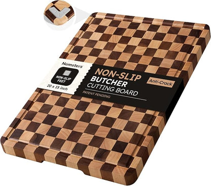 Cutting Boards for Kitchen Checkered Cutting Board 20in Acacia Wood Charcuterie Board Serving Heavy Duty Non Toxic Slip Over Sink Butcher Block Wood Chopping Board with Juice Grooves Handles