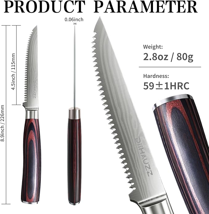 DiiHAUZZ Steak Knives Set of 6, Serrated Steak Knife Set 4.5 Inch, Ultra Sharp Forged High Carbon Stainless Steel Dinner Knife with Ergonomic Pakkawood Handle, Damascus Pattern and Gift Box