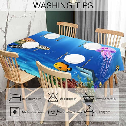 Sea Turtle Kitchen Tablecloth Ocean Underwater Jellyfish Shark Coral Reef Indoor Outdoor Table Cover Anti-Oil Table Cloths for Wedding Banquet Dinner Tablecloths, 52x70 Inch(4-6 Seats)
