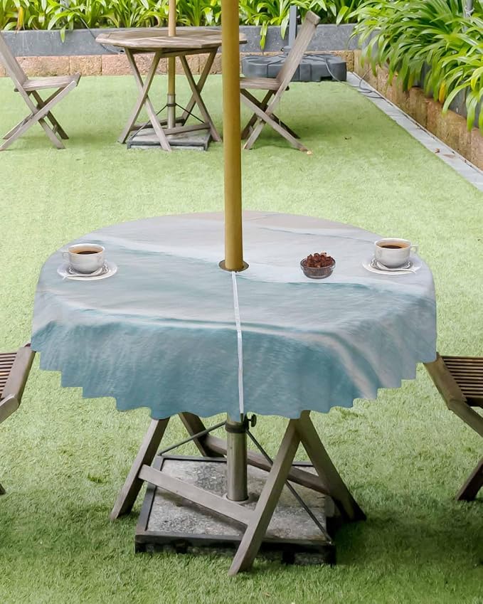 Summer Beach Outdoor Tablecloth - 54 Inch Round Dining Table Cover, Coastal Ocean Nautical Seaside Aqua Beige Waterproof Outdoor Table Cloth with Umbrella Hole & Zipper for Picnic/Patio/Party