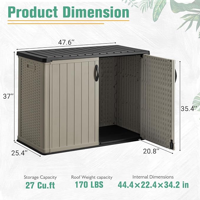 Greesum Outdoor Storage Cabinet 26 CuFt, Resin Large Storage Box Weather Resistance with Lockable Doors, Easy to Assemble, Horizontal Storage Shed for Garden, Backyard, Patio, Beige (Without Shelf)