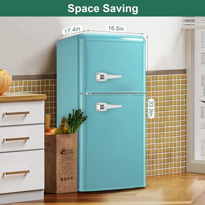 Retro Fridge with Freezer, 3.5 Cu. Ft. Mini Fridge Mint Blue | Small Refrigerator with 7-Level Adjustable Thermostat, Retro Compact Refrigerator 2-Door Fridges for Apartment/Dorm/Office/RV