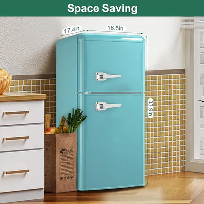 Retro Fridge with Freezer, 3.5 Cu. Ft. Mini Fridge Mint Blue | Small Refrigerator with 7-Level Adjustable Thermostat, Retro Compact Refrigerator 2-Door Fridges for Apartment/Dorm/Office/RV