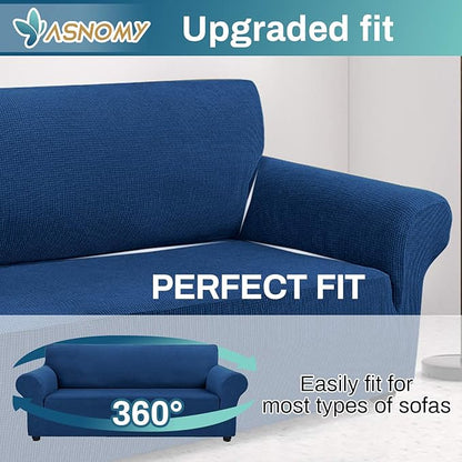 Asnomy Stretch Couch Covers for Sofa Washable, 3 Cushion Couch,Classic Blue | 1-Piece Sofa Covers(78"-94") 3-Seater Furniture Protector Soft Jacquard,Non-Slip Elastic Bottom For Dogs & Kids