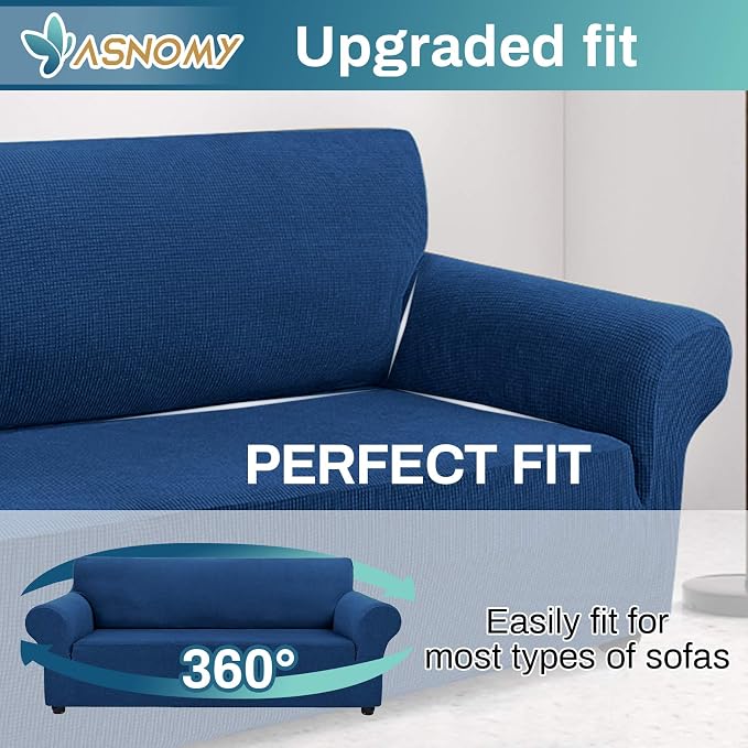 Asnomy Stretch Oversized Couch Covers for Sofa Slipcover,Classic Blue | 1-Piece Sofa Covers Washable(94"-110") 4-Seater Furniture Protector with Non Skid Foam and Elastic Bottom for Kids, Pets
