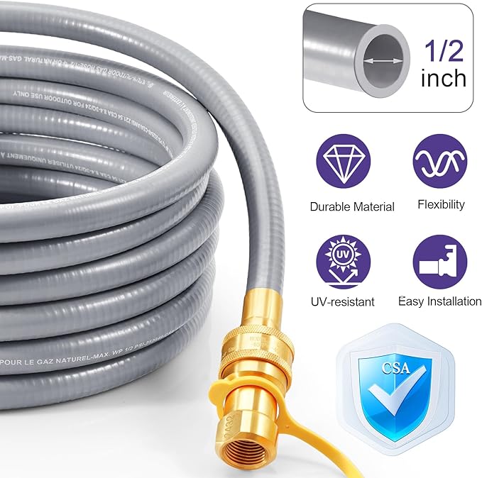 GasSaf 15 FT 1/2" ID Natural Gas Hose with Quick Connect Fitting, Natural Gas Conversion Kit for Gas Grill, Generator, Patio Heater and More - CSA Certified
