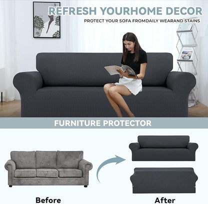 LURKA Stretch Couch Cover for Sofa, 1 Piece 3 Cushion Slipcover, Dark Grey | Soft Stretch Jacquard, Fits 78"-94" Sofas, Elastic Bottom for Secure Fit, Machine Washable, Pet & Kid Friendly