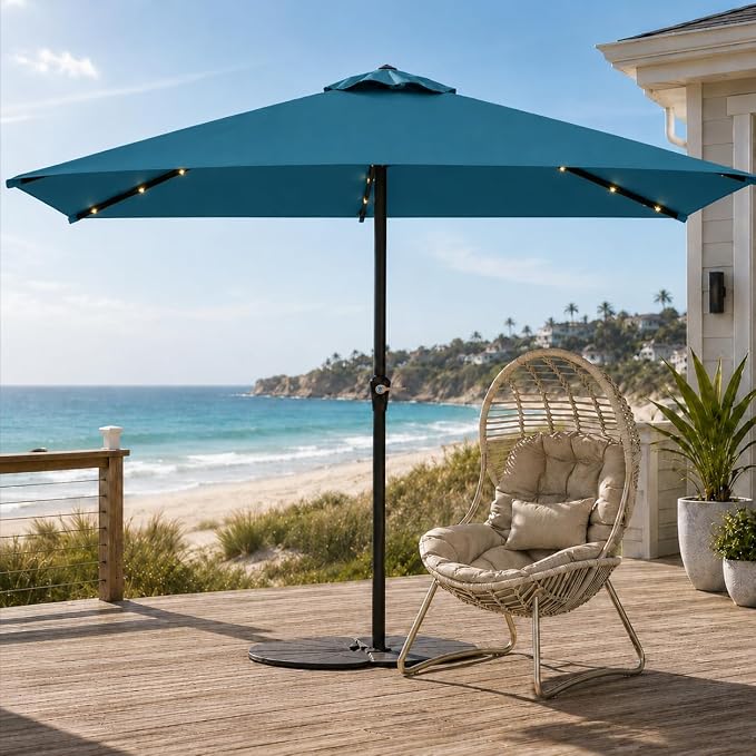 6.5 x 10ft Rectangular Patio Umbrella with Solar Lights, 16 LED Lighted Market Umbrella with Push-Button Tilt and Crank, 6 Sturdy Iron Ribs for Garden, Deck, Pool, Lake Blue
