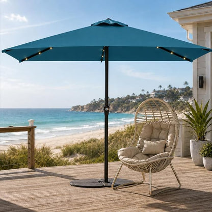 6.5 x 10ft Rectangular Patio Umbrella with Solar Lights, 16 LED Lighted Market Umbrella with Push-Button Tilt and Crank, 6 Sturdy Iron Ribs for Garden, Deck, Pool, Lake Blue
