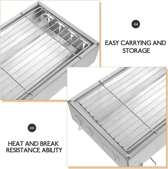 BESPORTBLE Portable Stainless Steel Camping Grill Foldable Charcoal Bbq Stove Small 36x26.5x17.5cm Outdoor Barbecue Rack for Hiking and Backyard Cooking