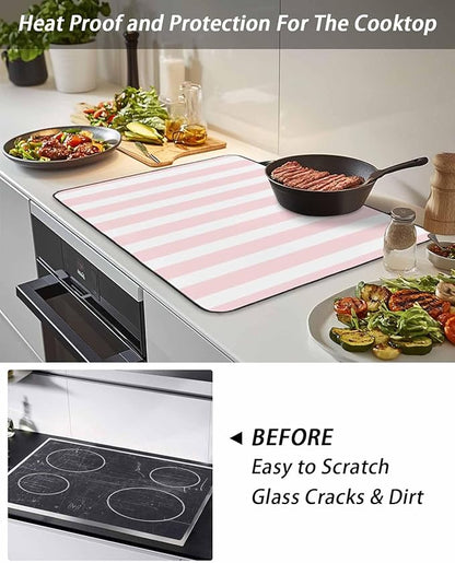 Stove Top Covers for Electric Stove 36x21 Inches, Pink Stripes HeatResistant Glass Cooktop Protector, Modern Farmhouse Pink White Vertical Striped Ceramic Stovetop Countertop Covers Mat, Oven Cover