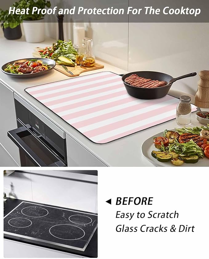 Stove Top Covers for Electric Stove 24x21 Inches, Pink Stripes HeatResistant Glass Cooktop Protector, Modern Farmhouse Pink White Vertical Striped Ceramic Stovetop Countertop Covers Mat, Oven Cover