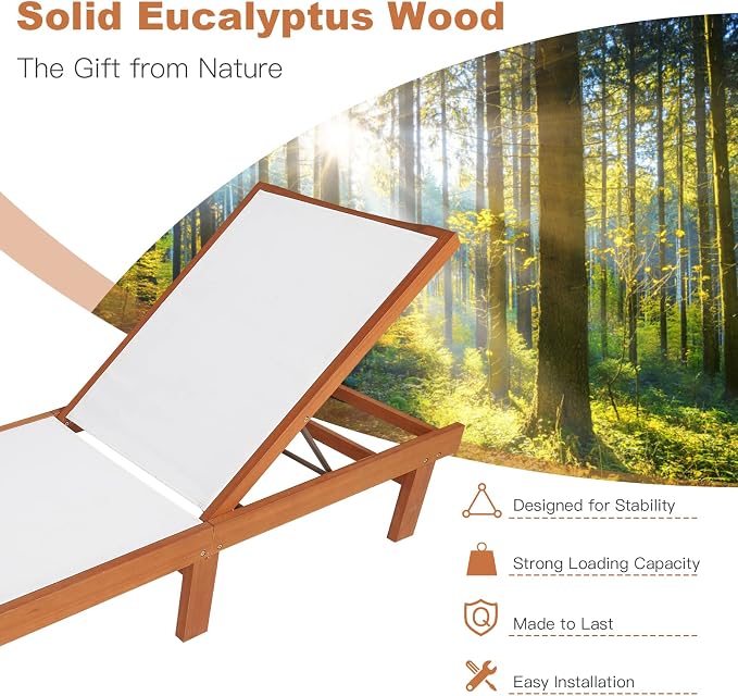 COSTWAY Patio Wood Chaise Lounge Chair, Strong Eucalyptus Wood Frame, 5-Position Adjustable Outdoor Recliner with White Mesh (1) | 5-Position Adjustable Outdoor Recliner with White Mesh