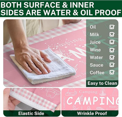 Picnic Table Cover with Bench Covers Elastic Edges, Pink Camper Fitted Table Cover, Outdoor Patio Camping Essentials 72 Inch 3PCS, Waterproof Camping Fitted Tablecloth with Drawstring Bag