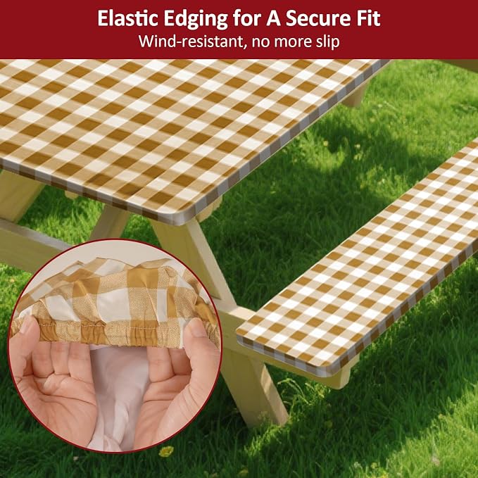 6ft 72in Picnic Table and Bench Cover, 3 Pack, Coffee Checkered | Drawstring Bag, Waterproof Windproof, Elastic Fitted Edges Tablecloth, for Rectangle Table & Seat, Camping Essentials RV Gear
