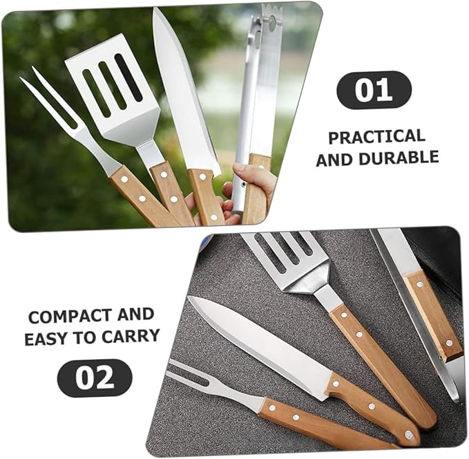 Multifunctional BBQ Grill Tool Set,5 PCS with Carry Bag,Wooden Handles,Griddle Accessories Set,Stainless Steel Grill Spatula Kit for Outdoor Camping Grilling,Party and Picnic,Gift for Men Husband
