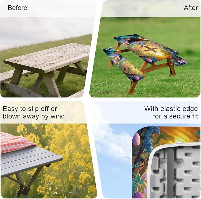 Picnic Table Cover with Bench Covers 72in,Waterproof Windproof Fitted Tablecloth,Easter Bunny with Cross Design for Easter,Camping Essentials with Drawstring Bag for Patio,Park & Backyard